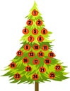 The tree is a Christmas tree with balls on which the numbers from one to twenty five are written Royalty Free Stock Photo